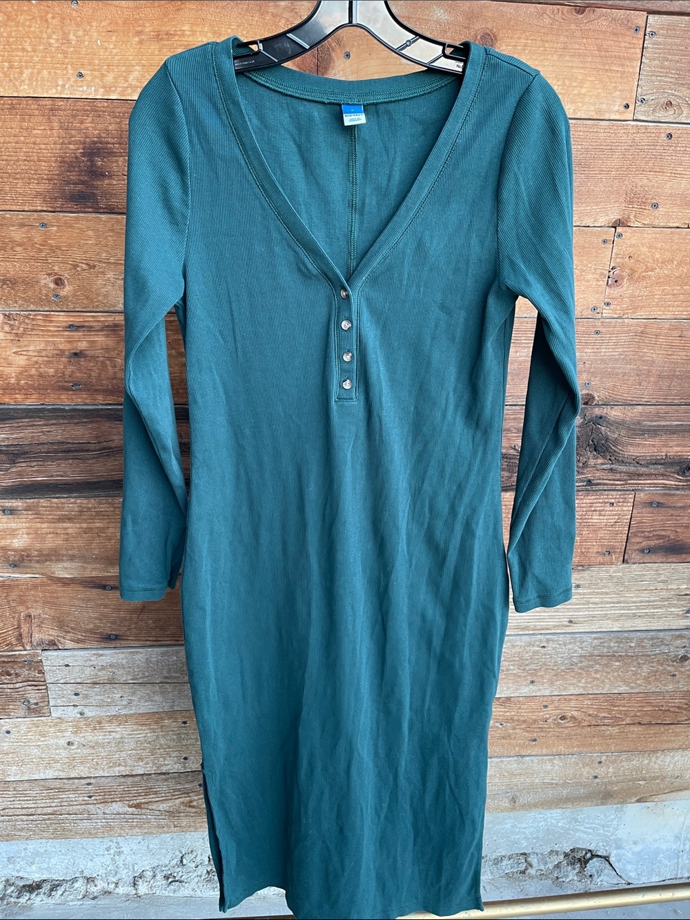 Old Navy Green Ribbed Henley Midi Dress Long Sleeve Bodycon Women’s Large
